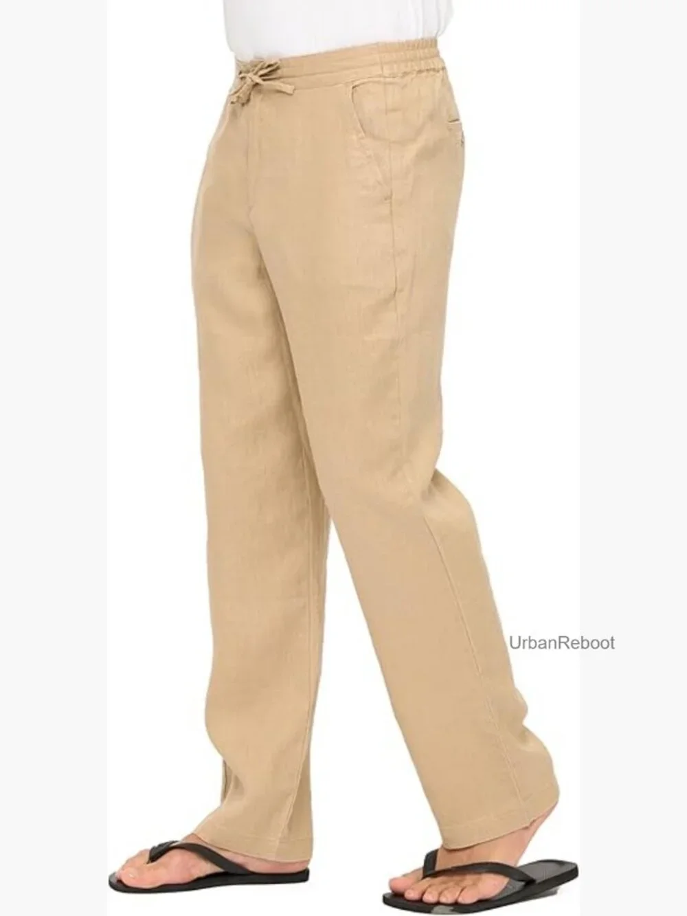 Men's 100% Linen Drawstring Elastic Waist Casual Pants